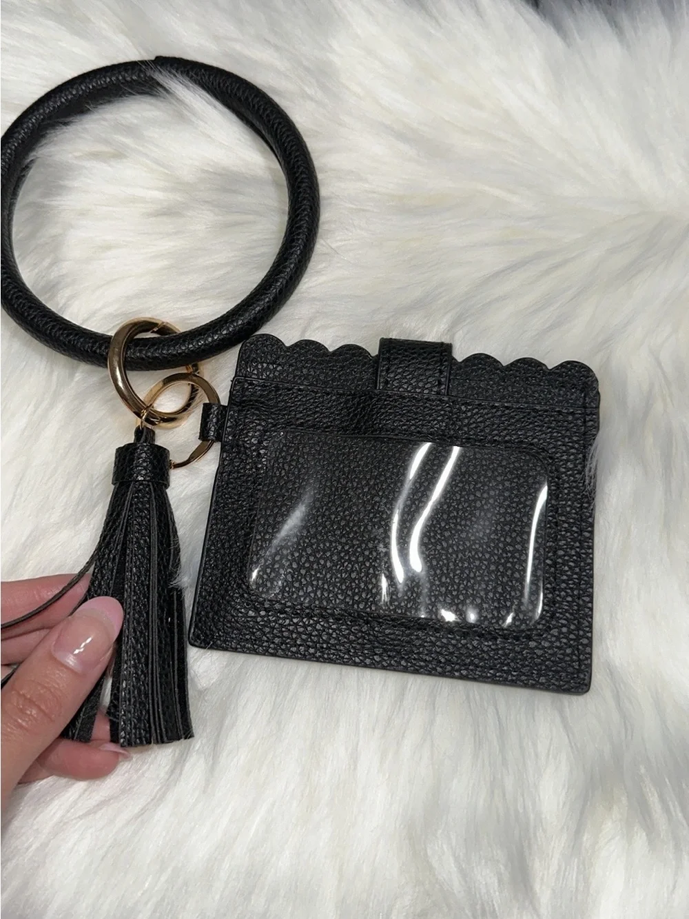 Black Leather Wristlet Card Holder with Tassel Keyring